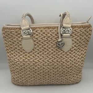 Brighton Eva Straw Tote Shoulder Bag Woven Straw Leather Braided Handles